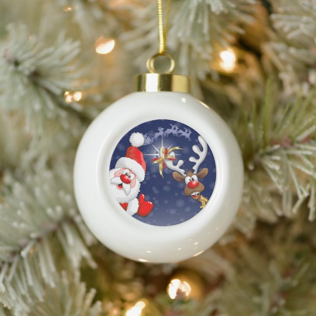 Santa und Reindeer Merry Christmassy Happy Cartoon Keramik Kugel-Ornament (Baum)