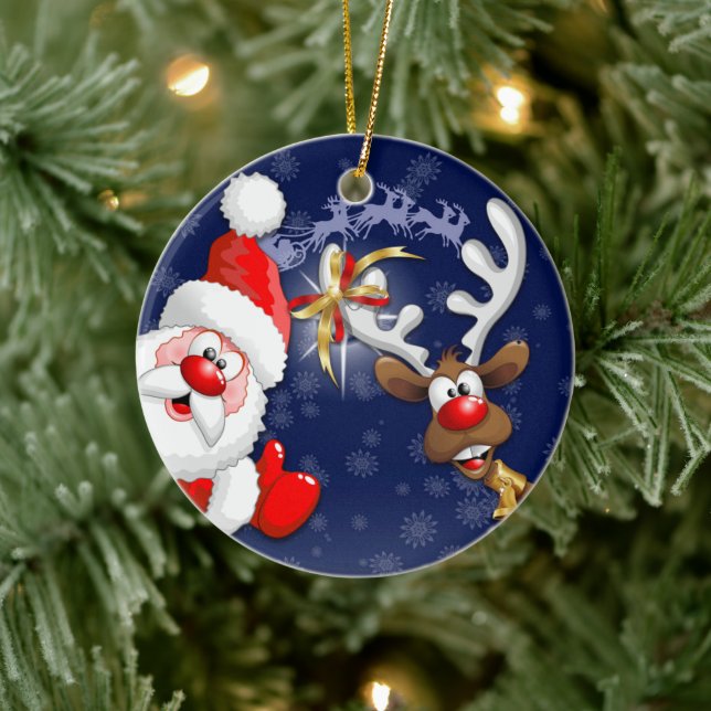 Santa und Reindeer Merry Christmassy Happy Cartoon Keramik Ornament (Baum)