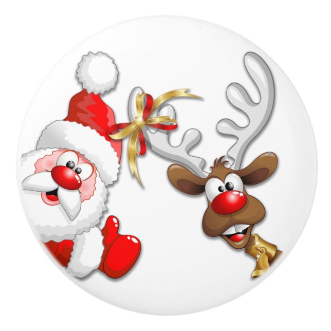 Santa und Reindeer Merry Christmassy Happy Cartoon Keramikknauf (Vorderseite)