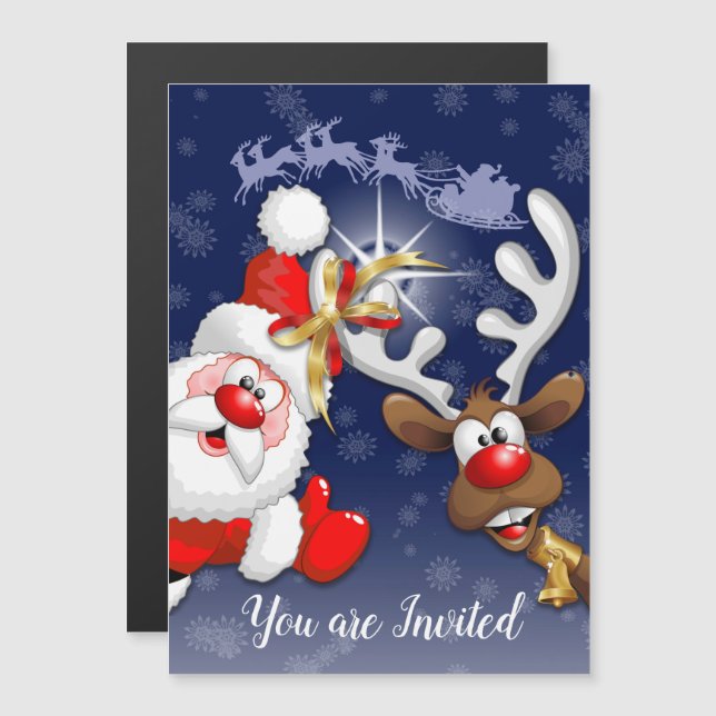 Santa und Reindeer Merry Christmassy Happy Cartoon Magneteinladung (Vorne/Hinten)