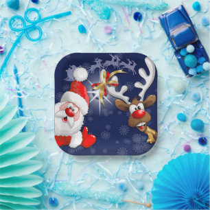 Santa und Reindeer Merry Christmassy Happy Cartoon Pappteller