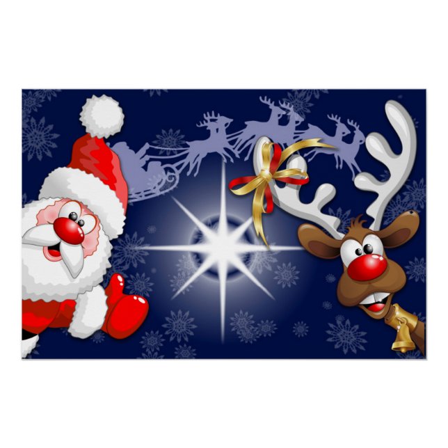 Santa und Reindeer Merry Christmassy Happy Cartoon Poster (Vorderseite)