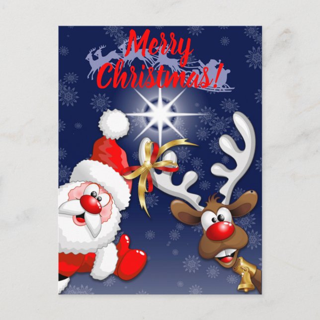 Santa und Reindeer Merry Christmassy Happy Cartoon Postkarte (Vorderseite)