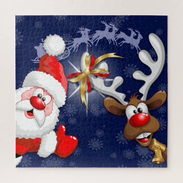 Santa und Reindeer Merry Christmassy Happy Cartoon Puzzle (Vertikal)