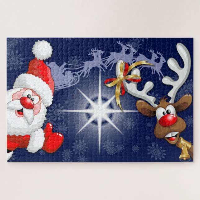Santa und Reindeer Merry Christmassy Happy Cartoon Puzzle (Horizontal)