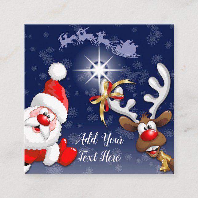 Santa und Reindeer Merry Christmassy Happy Cartoon Quadratische Visitenkarte (Vorderseite)