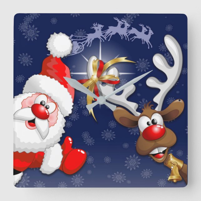 Santa und Reindeer Merry Christmassy Happy Cartoon Quadratische Wanduhr (Vorderseite)