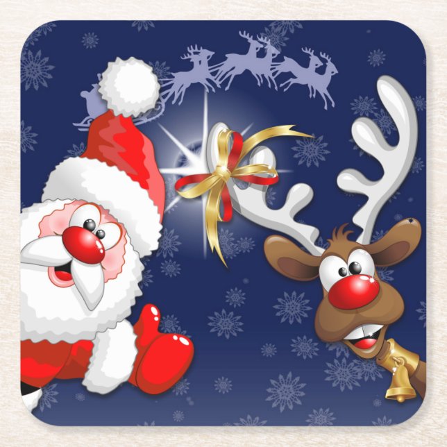 Santa und Reindeer Merry Christmassy Happy Cartoon Rechteckiger Pappuntersetzer (Vorderseite)