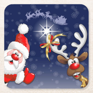 Santa und Reindeer Merry Christmassy Happy Cartoon Rechteckiger Pappuntersetzer