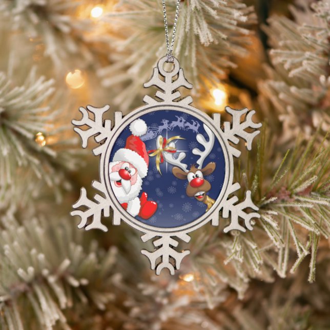 Santa und Reindeer Merry Christmassy Happy Cartoon Schneeflocken Zinn-Ornament (Baum)