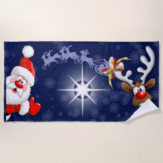 Santa und Reindeer Merry Christmassy Happy Cartoon Strandtuch (Vorderseite)