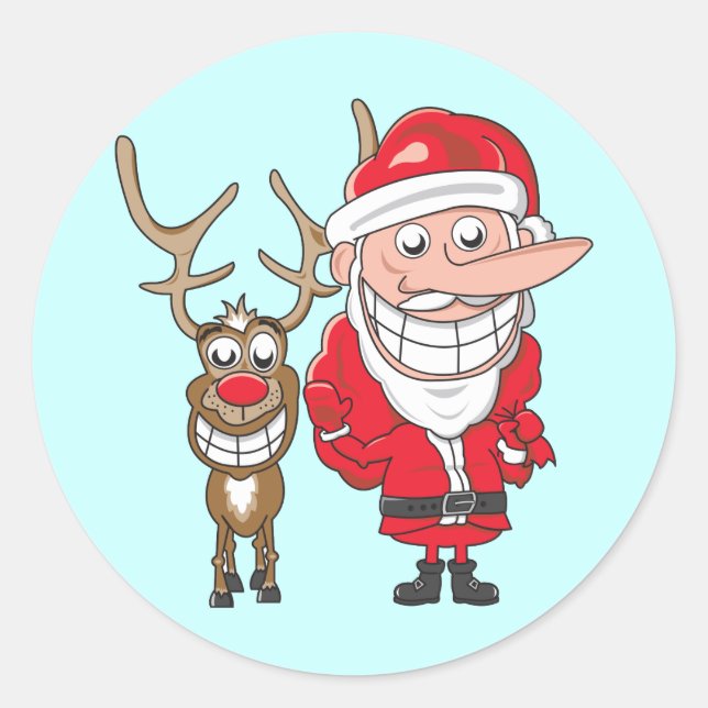 Santa und Reindeer Runder Aufkleber (Vorderseite)