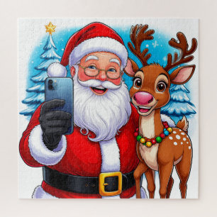 Santa und Rentier machen ein Weihnachts-Selfie Puzzle