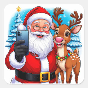 Santa und Rentier machen ein Weihnachts-Selfie Quadratischer Aufkleber