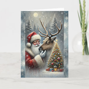 Santa und Rentier, Schneewald, Weihnachtsbaum 5 Feiertagskarte