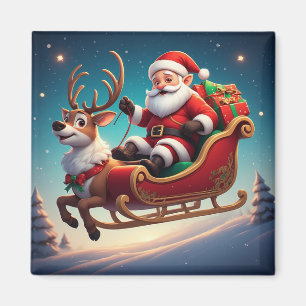Santa und Rentier Weihnachtsschlitten Kunstwerk Magnet