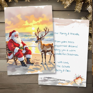 Santa und Rentiere am Strand Persönliches Weihnach Feiertagskarte