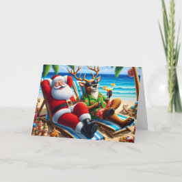 Santa und Rentiere am Strand Warmes Klima Feiertagskarte