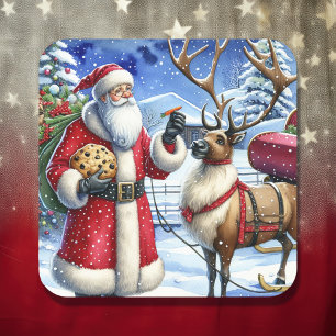 Santa und Rentiere an Heiligabend Quadratischer Aufkleber