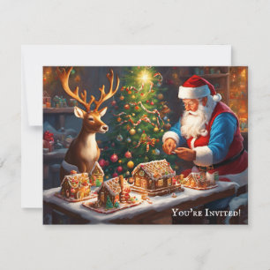 Santa und Rentiere machen Lebkuchenhäuschen Einladung