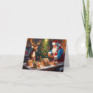 Santa und Rentiere machen Lebkuchenhäuschen Karte
