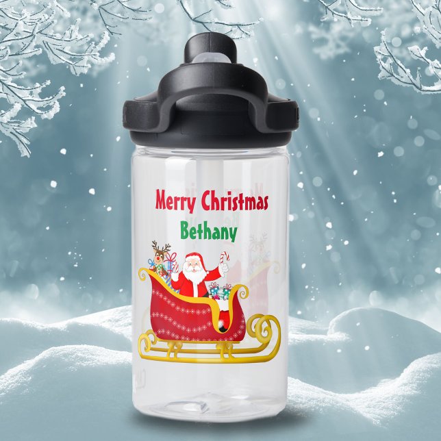 Santa und Rudolph im Weihnachtsliegebereich Persön Trinkflasche (Children will adore this water bottle featuring Santa and Rudolph delivering gifts and candy cane ! )
