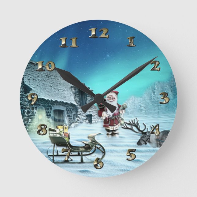 Santa und Rudolph mit Schlitten Runde Wanduhr (Vorderseite)