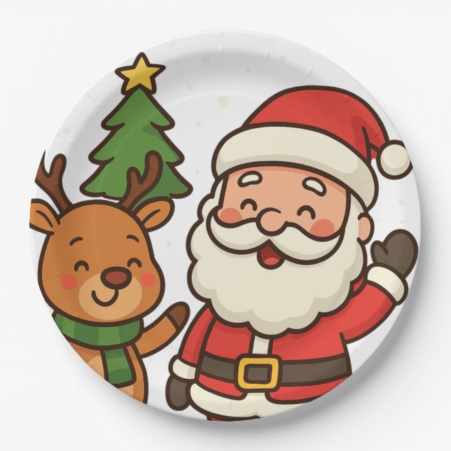 Santa und Rudolph weiß Pappteller (Vorderseite)