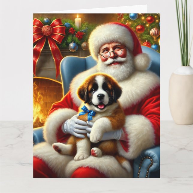 Santa und Saint Bernard Puppy mit Blue Bow Karte (Vorderseite)