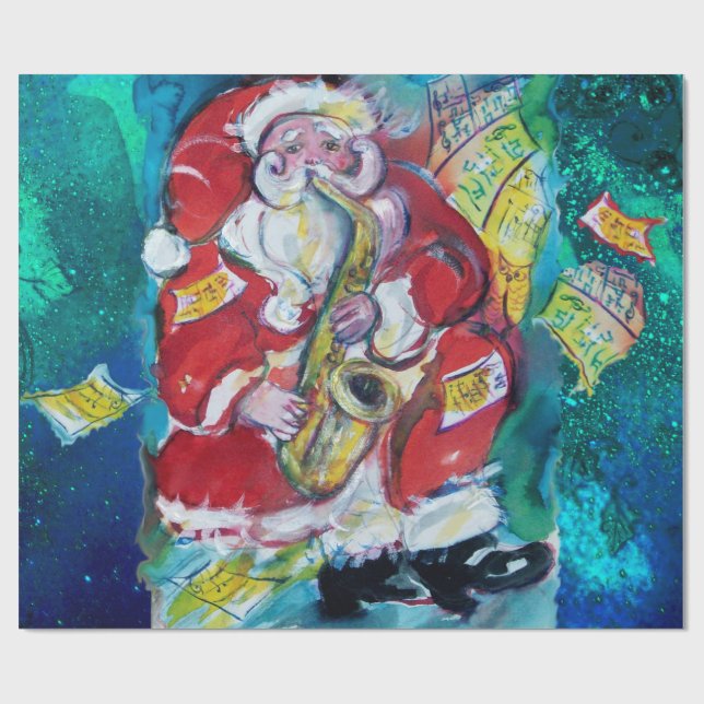 SANTA UND SAX, CHRISTMAS PARTY Night Blue Geschenkpapier (Flach)