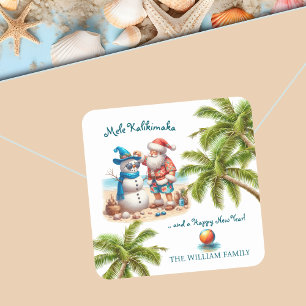Santa und Schneemann Mele Kalikimaka Weihnachten Quadratischer Aufkleber