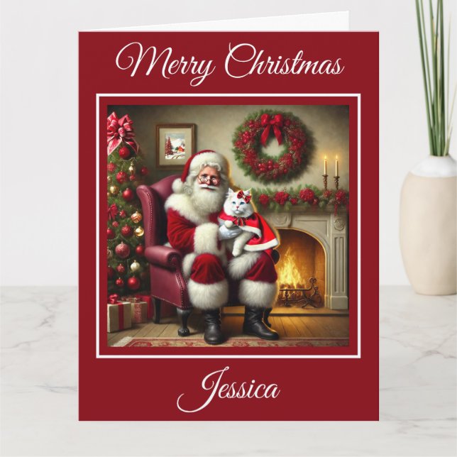 Santa und schöne weiße Katze Karte (Vorderseite)