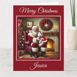 Santa und schöne weiße Katze Karte