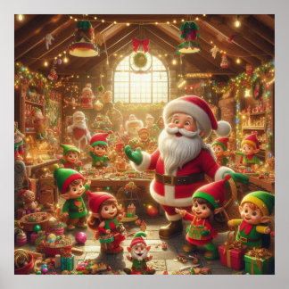 Santa und seine Elfen in der Weihnachtswerkstatt W Poster