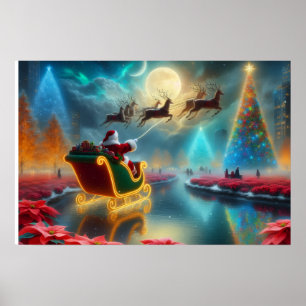 Santa und seine Rentiere fliegen am Himmel Poster