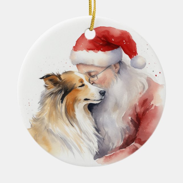 Santa und Sheltie Keramik Ornament (Vorne)
