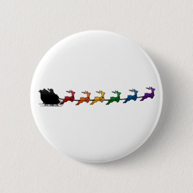 Santa und Sleigh mit LGBTQ Pride Rainbow Rentier Button (Vorderseite)