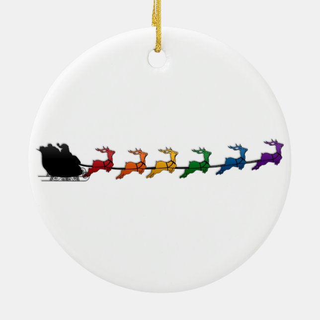 Santa und Sleigh mit LGBTQ Pride Rainbow Rentier Keramik Ornament (Hinten)