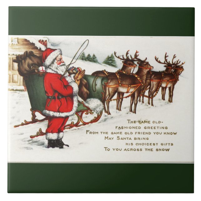 Santa und Sleigh mit Rentier Green Keramik Tile Fliese (Vorderseite)
