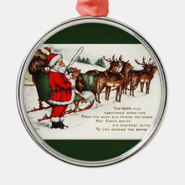 Santa und Sleigh mit Rentier Green Ornament Aus Metall (Vorne)