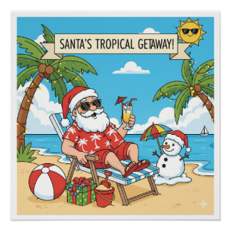 Santa und Snowman am Strand Poster