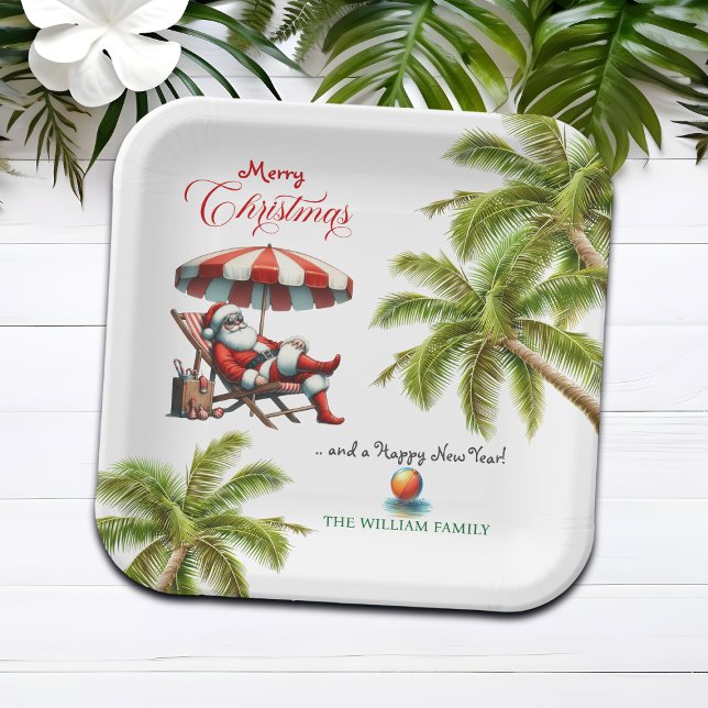 Santa under a Beach Umbrella Christmas Pappteller (Von Creator hochgeladen)