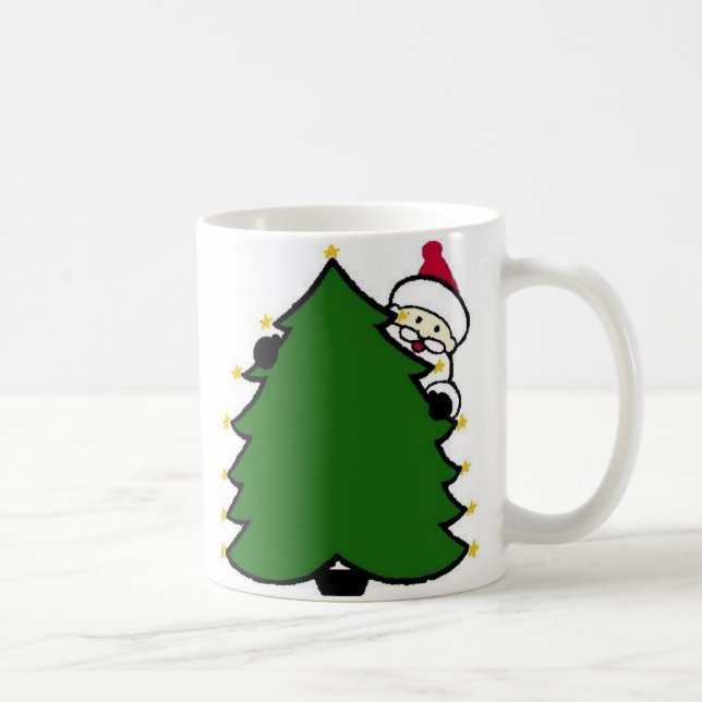 Santa versteckt sich hinter Weihnachtsbaum Tasse (Rechts)