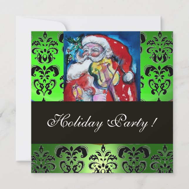 SANTA & VIOLIN ,GREEN SCHWARZ-DAMASK-MONOGRAMM ,Ru Einladung (Vorderseite)