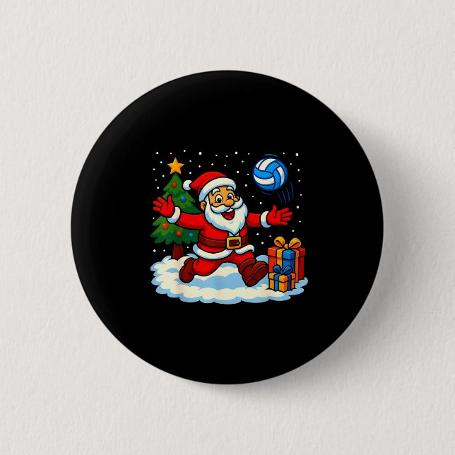 Santa Volleyball Playing Srt Christmas Tree Xmas P Button (Vorderseite)