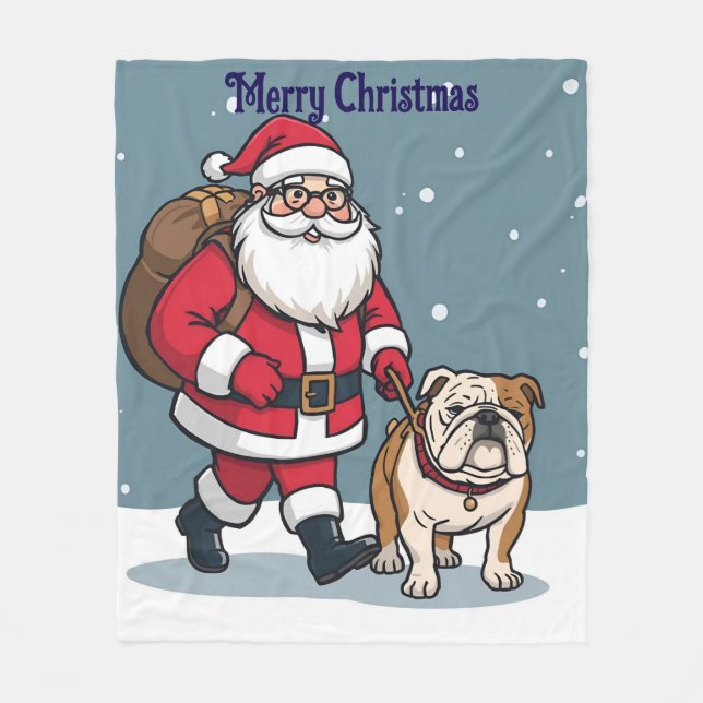 Santa walking a bulldog Christmas Fleece Blanket (Vorderseite)