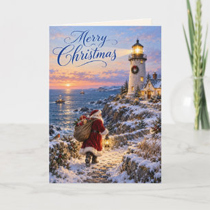 Santa-Weihnachts-Leuchtturm-Schneeküste-Sonnenunte Karte