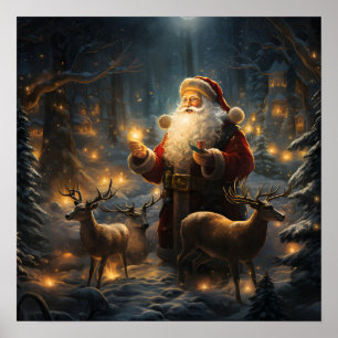 Santa Weihnachtsnacht Schneeiger Wald Poster