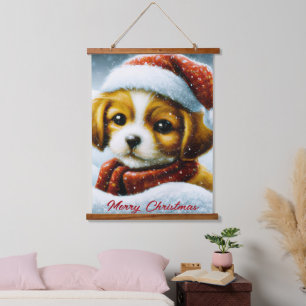 Santa Welpe  Wandteppich Mit Holzrahmen
