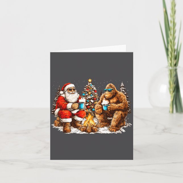 Santa With Bigfoot Christmas Campfire Funny Sasqua Karte (Vorderseite)
